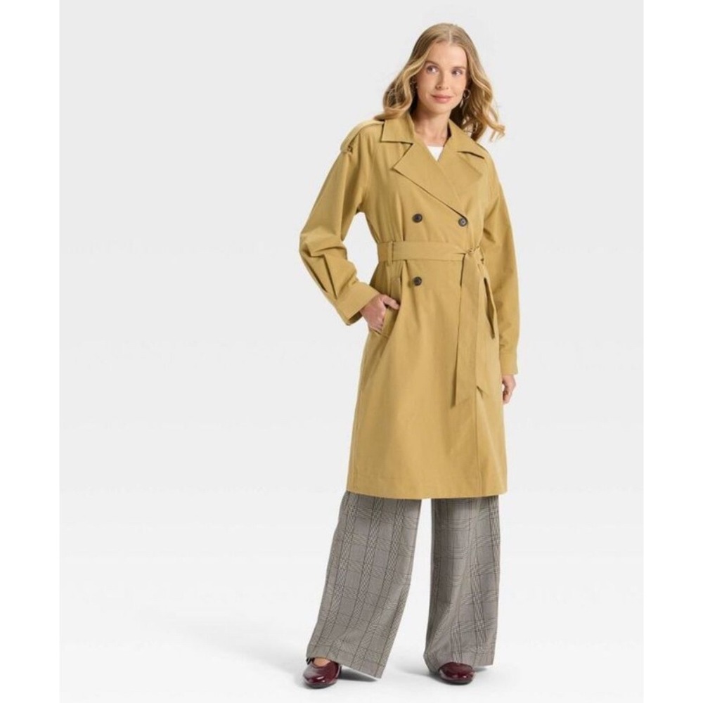 A New Day Womens Medium Mustard Yellow Double Breasted Belted Trench Coat NWT